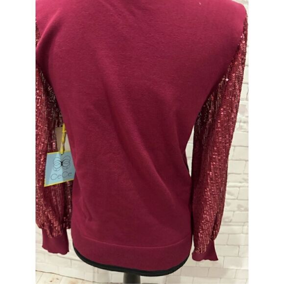 CeCe Burgundy Mock Neck Sequin Sleeve Knit Top Blouse - Picture 3 of 11